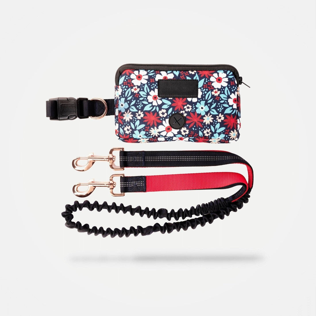 Floral Navy Hands-Free Dog Leash – Adjustable Waist Belt with Shock-Absorbing Bungee &amp; Storage Pouch
