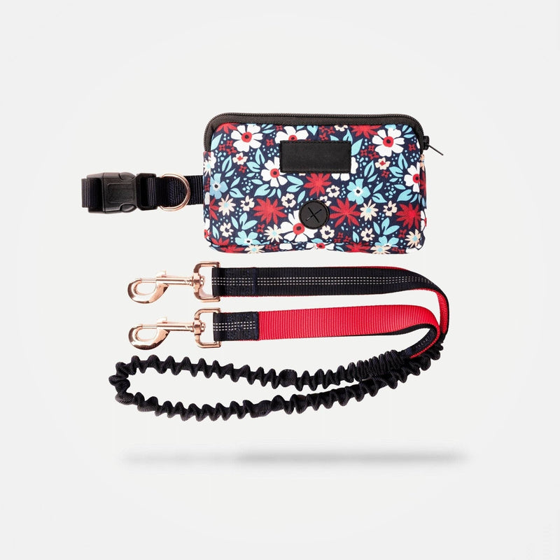 Floral Navy Hands-Free Dog Leash – Adjustable Waist Belt with Shock-Absorbing Bungee & Storage Pouch