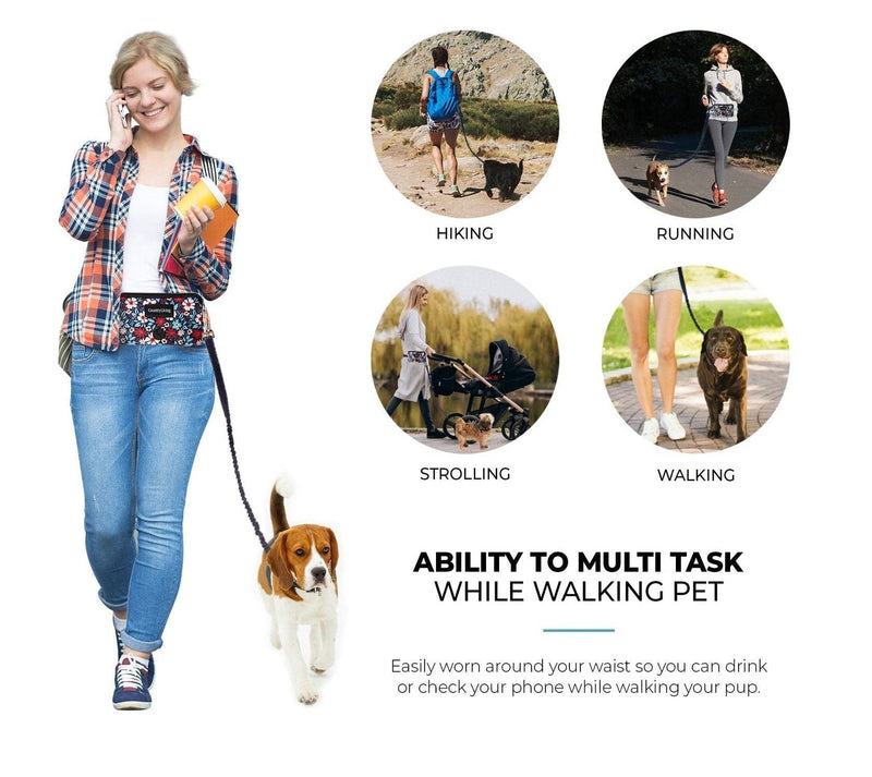 Floral Navy Hands-Free Dog Leash – Adjustable Waist Belt with Shock-Absorbing Bungee & Storage Pouch