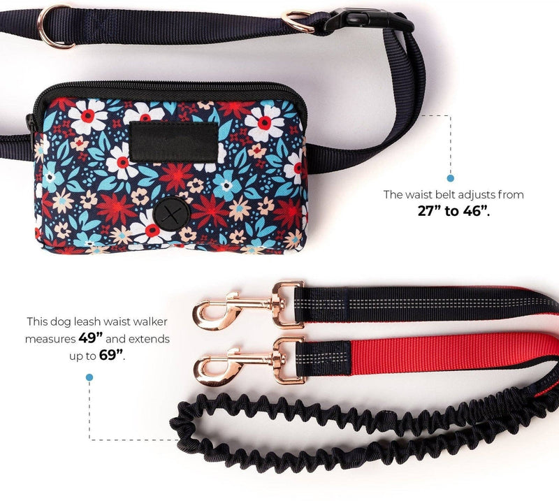 Floral Navy Hands-Free Dog Leash – Adjustable Waist Belt with Shock-Absorbing Bungee & Storage Pouch