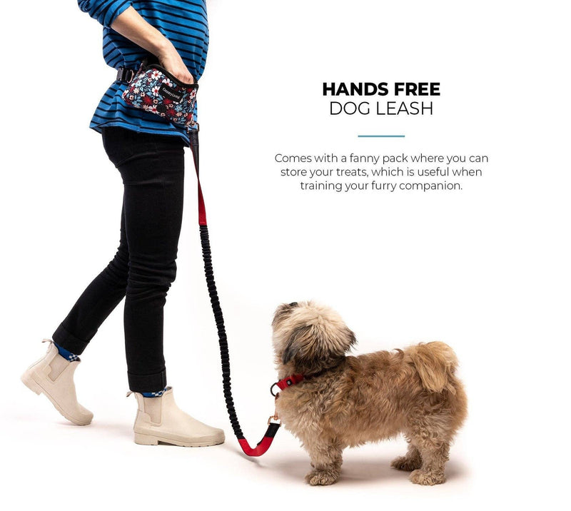Floral Navy Hands-Free Dog Leash – Adjustable Waist Belt with Shock-Absorbing Bungee & Storage Pouch