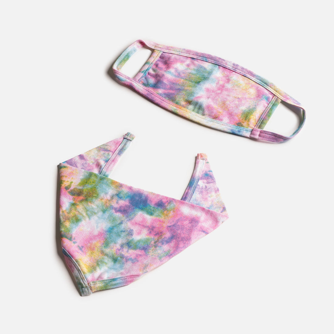 Matching Human &amp; Dog Bandana &amp; Face Mask Bundle - Tie Dye Rainbow - Silver Paw