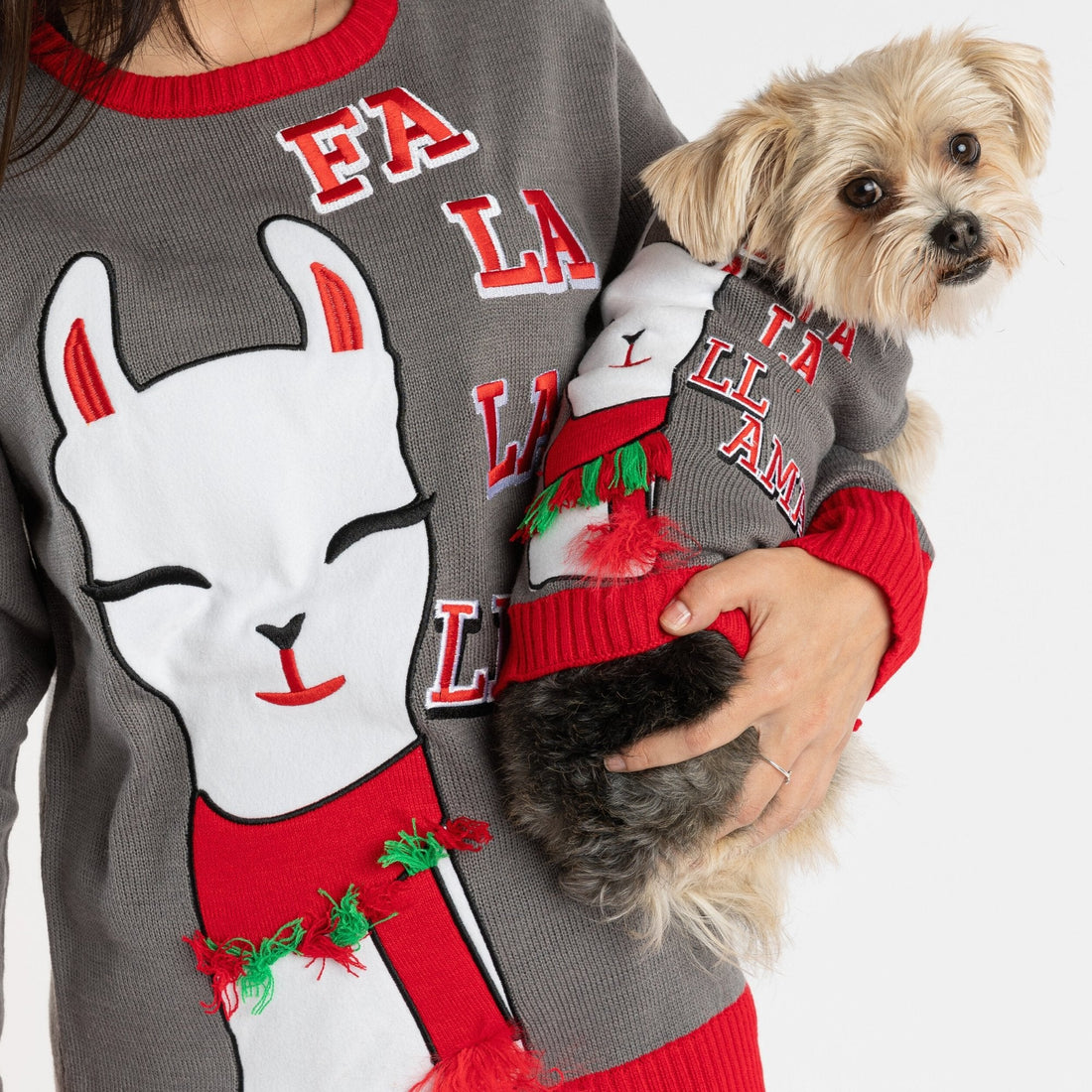 Matching Human &amp; Dog Ugly Xmas Sweater - Fa La La Llama - Silver Paw