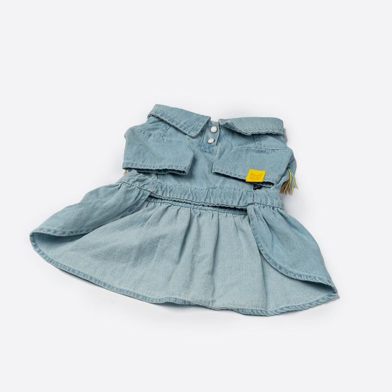 Ocean Denim Dog Dress – Chic Festival-Ready Outfit with Rainbow Fringe & Leash Opening
