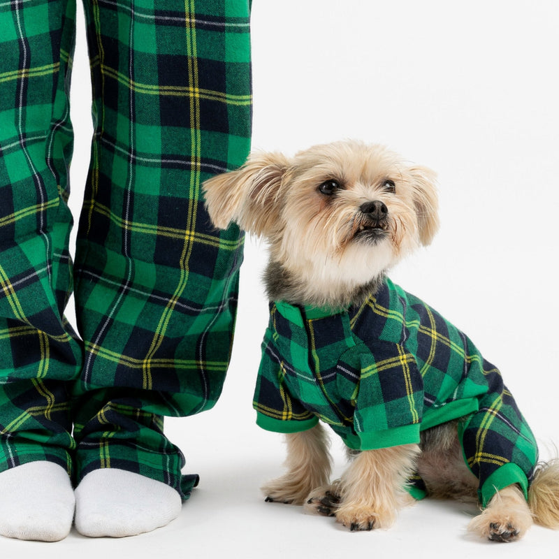 Pyjama pour chien à carreaux verts – Combinaison polaire confortable avec fermeture velcro