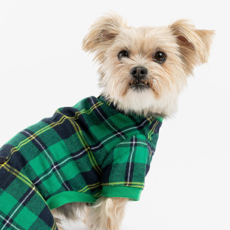 Pyjama pour chien à carreaux verts – Combinaison polaire confortable avec fermeture velcro