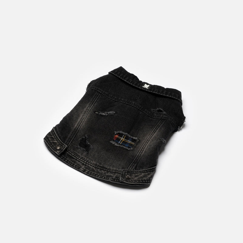 Spencer Dog Jacket – Distressed Denim with Sherpa Lining & Matte Snaps