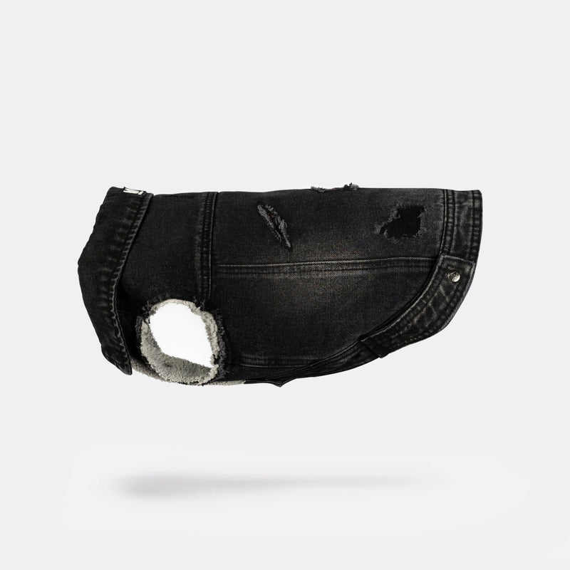 Spencer Dog Jacket – Distressed Denim with Sherpa Lining & Matte Snaps